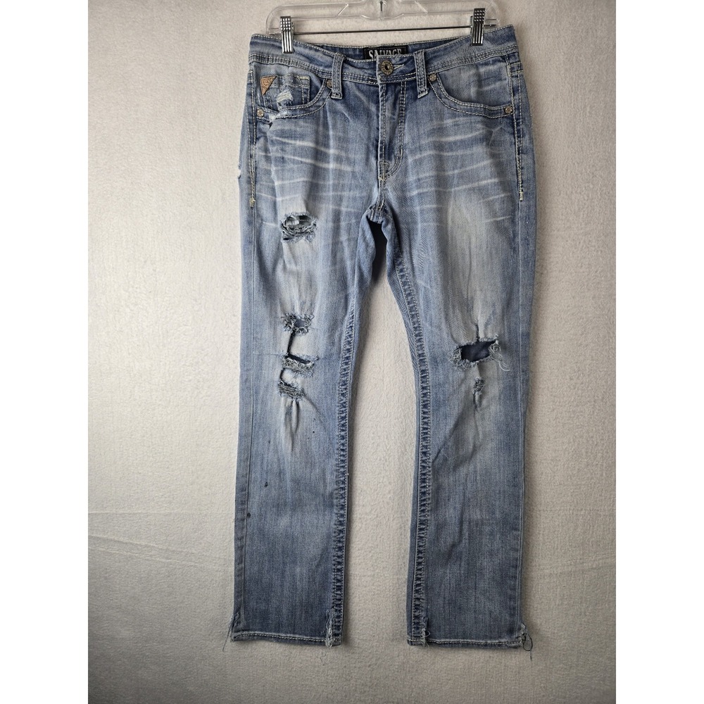 Buckle Salvage Mayhem Mens Jeans Size 32 R Distressed Straight Cotton Blend Blue